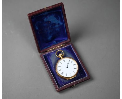 An 18ct gold cased fob watch, white enamel dial with roman numerals, 38 cm dia.  