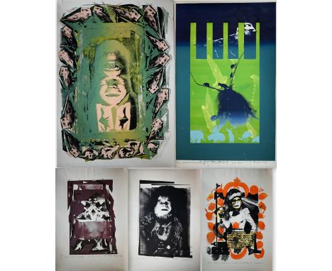 Budayer - Five mixed media abstract screenprints Zoo, 12/14; Woman Cyclops 1/33; Formal Portrait; My theatre; 50 grams of Tan