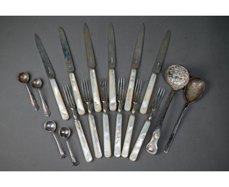 A set of six silver tea knives &amp; forks with mother of pearl handles, Mappin &amp; Webb, Sheffield 1926, to/w a Victorian 