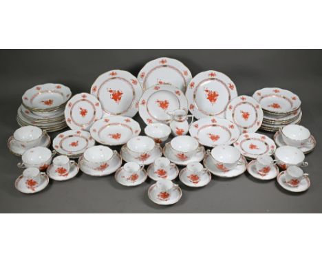 A Herend Red Apponyi dinner service complete for eight settings, comprising 25 cm dinner plates, 23 cm plates, 21 cm bowls, s