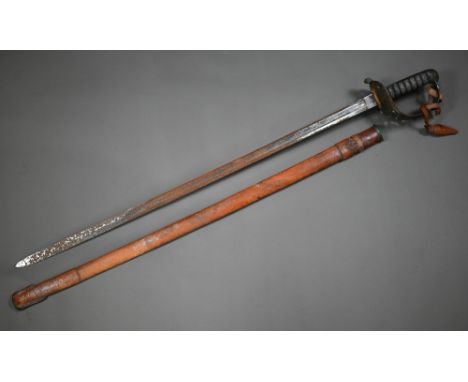 An Edwardian officer's sword by Jones, Chalk &amp; Danson, London, with etched blade, pierced guard, wired grip, within a lea