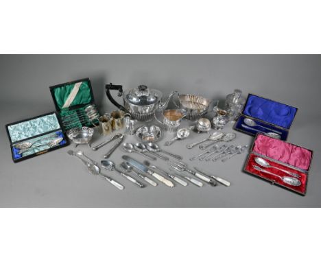Epns three-piece tea service, to/w four cased pairs of Victorian and later preserve spoons, various other flatware, etc. (box