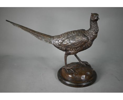 A brown-patinated bronze cock-pheasant, unsigned, on circular stone base, 45 x 33 cm overall  