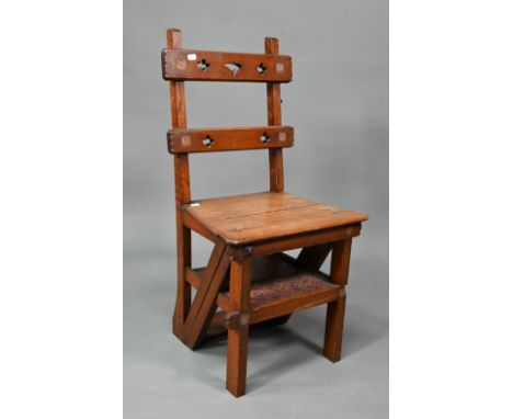 Victorian oak Gothic style metamorphic library steps good original functioning condition, some detached diamond shape mouldin
