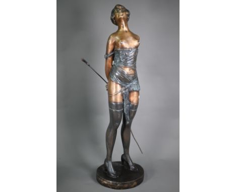 A large spelter 'risque' semi-nude figure in the Art Deco manner after Bruno Zach - 'The Riding Crop', 74 cm h  