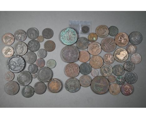 A collection of 17th and 18th century bronze and copper coinage, including 1606 Denier Tournois (France), Russian, British an