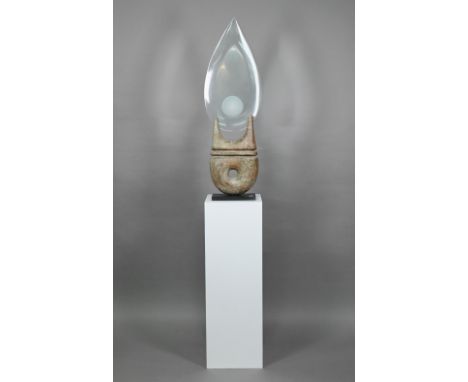 Peter Hayes (b.1946), large glass 'teardrop' blade with frosted concave roundel, supported by a notched abstract-form Raku st