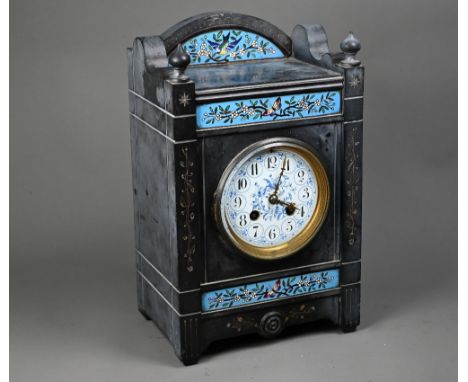 A Victorian Aesthetic Movement slate mantel clock with French drum movement, with painted enamel dial and champlevée enamel i