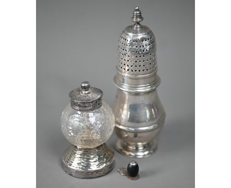 A Britannia standard silver baluster sugar caster, D&amp;J Welby Ltd., London 1915, 6.3oz, 16cm, to/w a silver-mounted cut gl