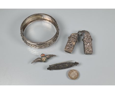 Collection of antique jewellery including white metal half-hinged bangle, Dutch white metal embossed cloak clips, Victorian '