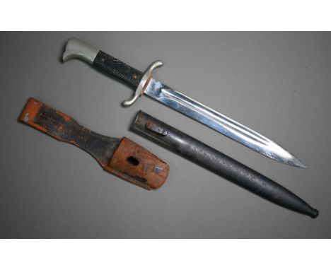 An Eickhorn single fuller steel blade knife with bakelite grips on steel handle, in steel scabbard and frog, blade 25 cm  