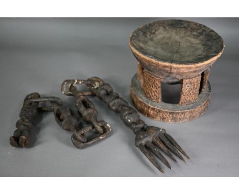 African carved wood stool, to/w a carved 'marriage' chain with fork and figure, 128 cm (2)  