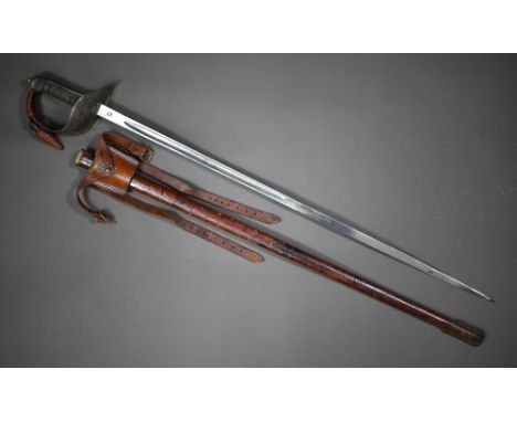 A George V officer's sword, the unbranded blade etched with a crowned George V and Royal cypher, the pierced guard with confo