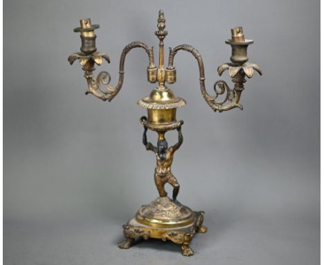 A 19th century ormolu and bronze candelabra, the twin branches raised by a kneeling blackamoor, 39 cm h (previously wired for