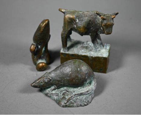 Vladimir Trulov, a Russian dark bronze sculpture of a young steer to/w a bronze rat and a bronze toad, all monogrammed (3)  