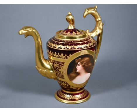 A Vienna porcelain cabinet coffee pot with medallion painted with 'Erbluth' - portrait of a young woman - after Angelo Asti, 