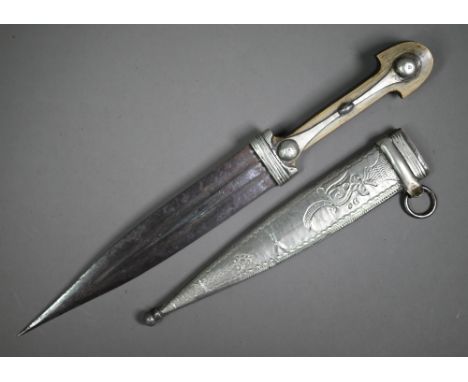 An Eastern dagger, the twin fullered 18 cm blade with horn panelled grip, in white metal scabbard  