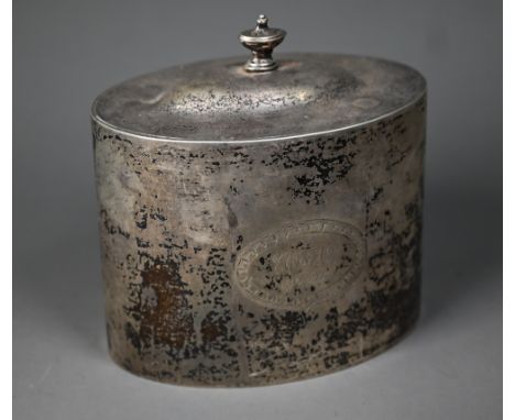 A Sheraton Revival oval silver tea caddy with urn finial, Stokes &amp; Ireland Ltd, Chester 1920,&nbsp;14.7oz,&nbsp;14cm high