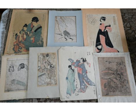 Eight unframed ukiyo-e woodblock/prints including two Japanese vertical oban examples in ink and colour by Kitagawa Utamaro; 