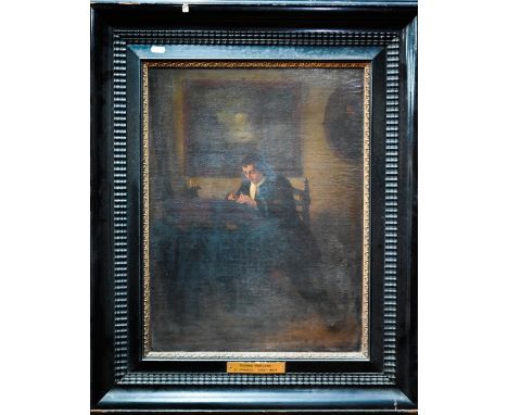 George Morland attrib (1762-1804) - Self portrait of the artist at work, oil on canvas, possibly indistinctly signed lower ri