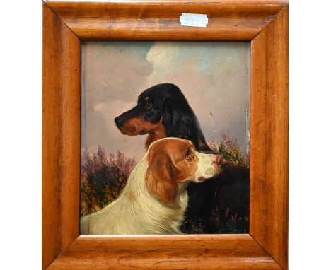 English school - Study of two of spaniels, oil on board, indistinctly signed, 17 x 15 cm and 19 x 14 cm1 cm wide scratch on c