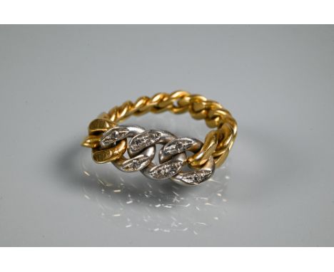 A yellow and white metal unmarked ring in the form of graduated cable links, set diamonds, size M, approx 7.5g all in  