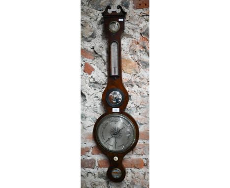 E &amp; M Levin, London, a Victorian mahogany barometer with silvered dial, level, thermometer scale and small convex mirror,