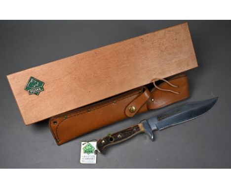 Puma Bowie knife with 20 cm blade and two piece antler handle, in leather scabbard and pine presentation box  