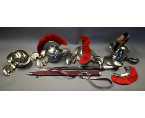 Four steel and leather reproduction Roman helmets (re-enactment props) to/with a skullcap (5)