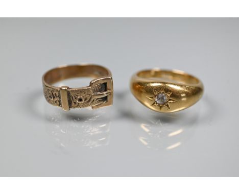 An 18ct yellow gold ring set single diamond, size L, approx 9.2g all in to/w a yellow metal buckle ring, size L, approx 3.1g 