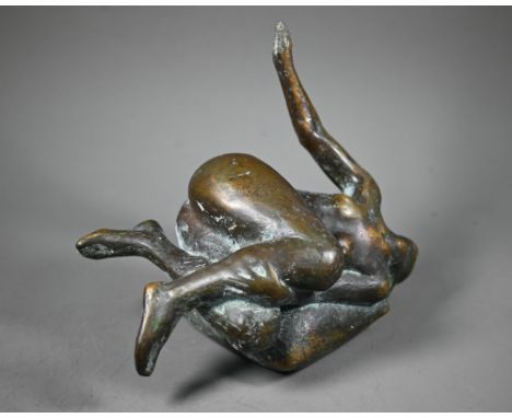 Vladimir Trulov (?) a Russian dark patinated bronze sculpture of a reclining naked female on a square cushion, 22 cm x 19 cm 