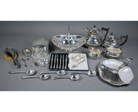 Various electroplated wares, including a four-piece tea service, Victorian oval fruit basket with swing handle, circular bisc