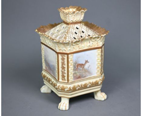 A Victorian Royal Doulton china square pot pourri with inner cover and pierced lid, on lion-pad feet, the panels painted with