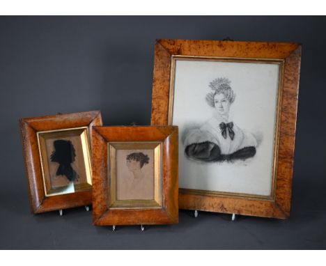 A Victorian pencil portrait of a young lady, Maria Stevens, signed indistinctly, 25 x 20 cm, in maple frame, to/w a painted s
