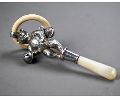 Silver 'teddy bear' baby's rattle with composite teething ring, two bells and mother of pearl handle, Wilmot Manufacturing Co