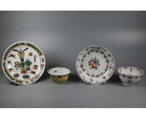 An 18th century Chinese famille verte and cafe-au-lait tea bowl painted in polychrome enamels with lotus pond designs, iron r