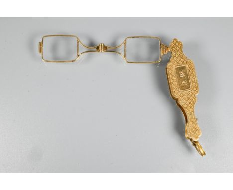 A Victorian 15ct yellow gold lorgnette with Gothic-style decoration, and engraved with initials, maker G C, 7 cm long  