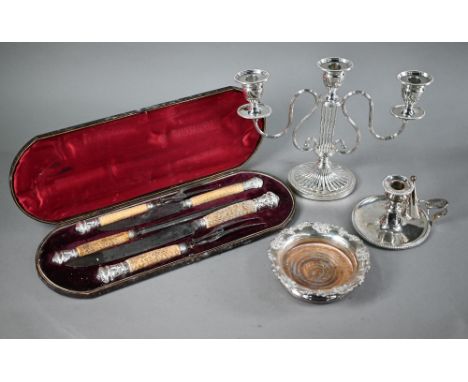 Victorian cased five-piece carving set, the antler handles with ep pommels embossed with rams' heads, Harrison Bros &amp; How