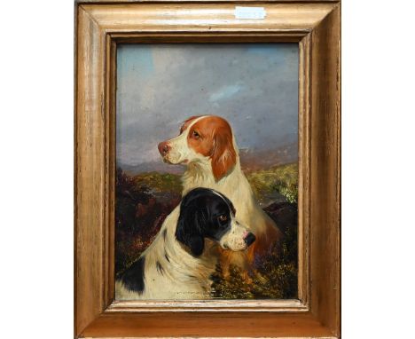 English school - Study of two spaniels, oil on board, 19 x 14 cm Overall good condition. Good colour, slight crazing  on dogs