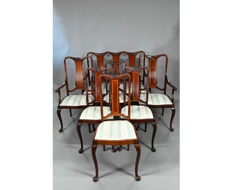 A good Edwardian Sheraton Revival boxwood inlaid red walnut seven piece salon suite, comprising a two seat chair-back sofa, a