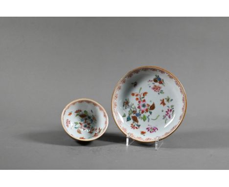 An 18th century Chinese famille rose and cafe-au-lait tea bowl (6 cm diameter) and matching saucer (10.5 cm diameter) painted