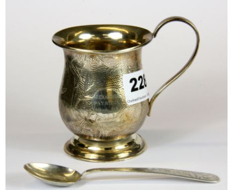 A Chinese engraved sterling silver christening cup and spoon, H. 9.5cm.