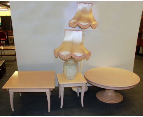 Three contemporary coffee tables, lamp and standard lamp.