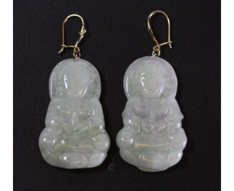 A pair of carved jade Buddha shaped drop earrings.