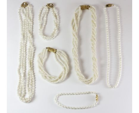 Three sets of freshwater pearl necklaces and matching bracelets.