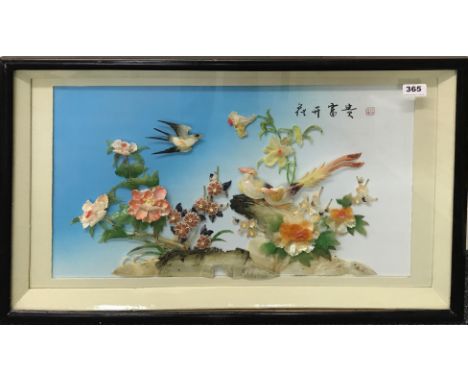 A framed Chinese painted mother of pearl three dimensional picture, 75 x 46cm.