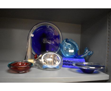 A vintage teal blue art glass fish, measuring 25cm long, together with a wider selection of art glass, including blue glass d