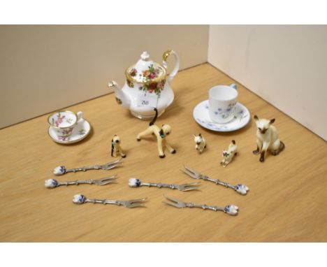 A miniature Royal Albert Old Country Roses pattern teapot, miniature Shelley bone china cup and saucer, miniature Hammersley 