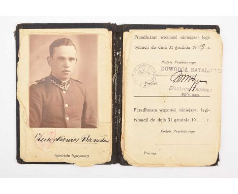A Polish Second World War Personal ID card for Bronisław Wieczorkiewicz, Captain, 4th Battalion of Sappers, with portrait pho