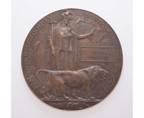 A First World War Death Plaque to Ordinary Seaman Michael McGregor, RNVR, Tyneside/Z533, H.M.S. Bayano, who was killed in act